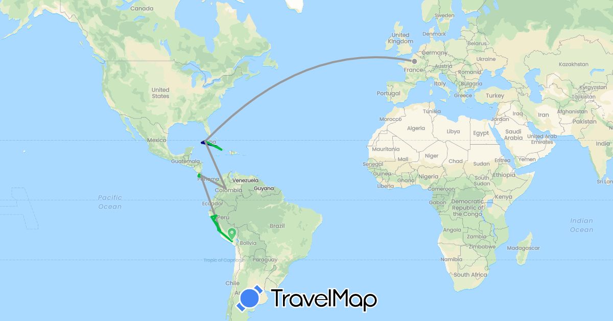 TravelMap itinerary: driving, bus, plane in Colombia, Costa Rica, Cuba, France, Peru (Europe, North America, South America)